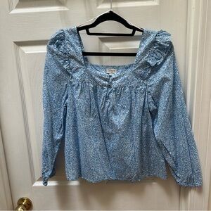 J. Crew Blue Floral Blouse Cotton Squareneck top m medium